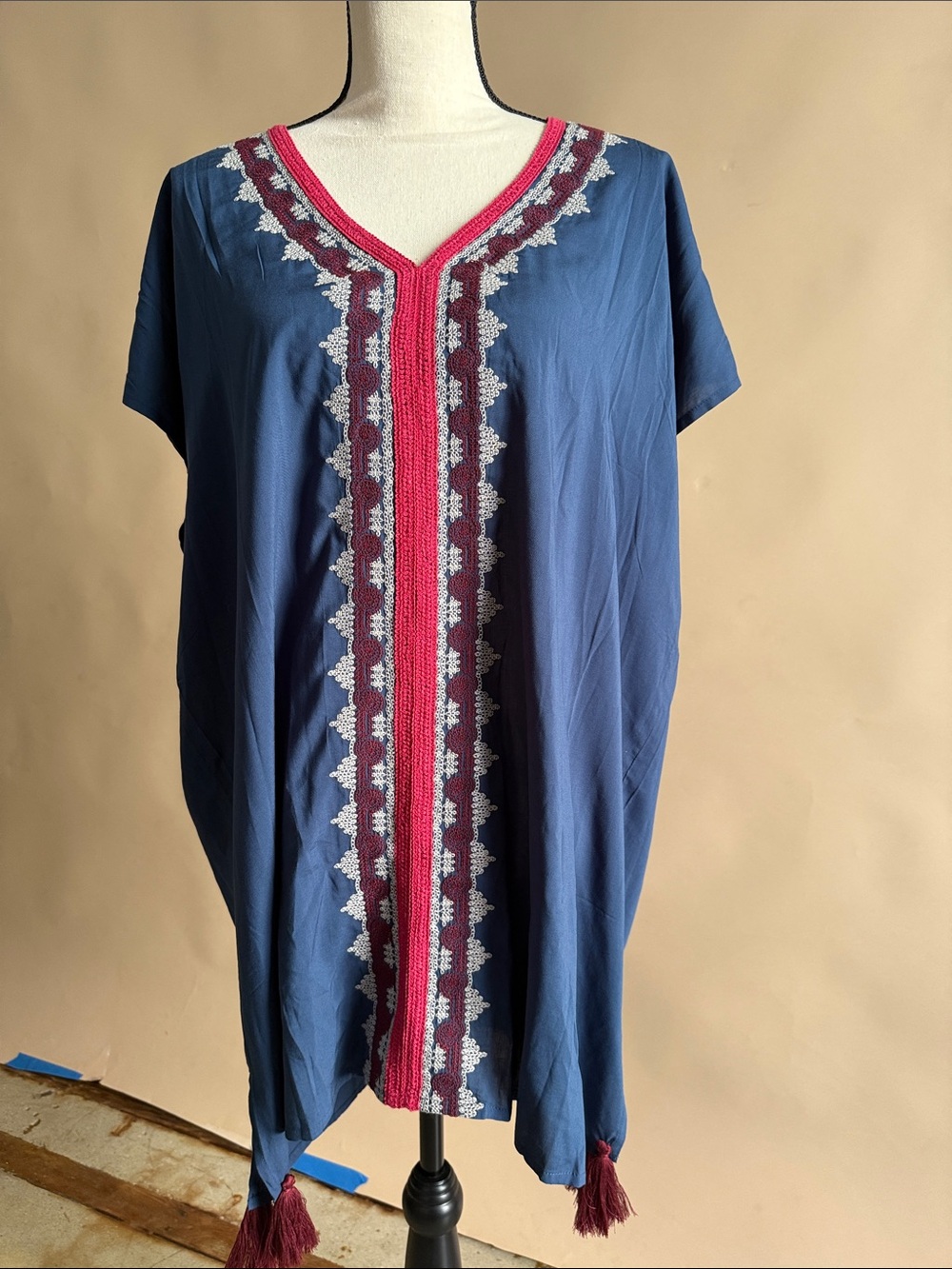 lovestitch Navy Blue Embroidered V-Neck Tunic with Pink Trim